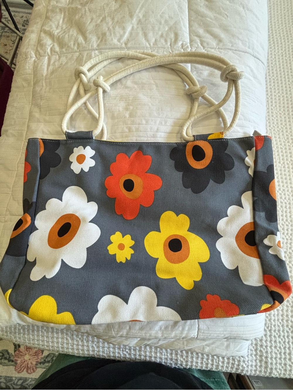 Canvas Floral Tote Bag in Gray, White, Yellow and Orange - Picture 2 of 3